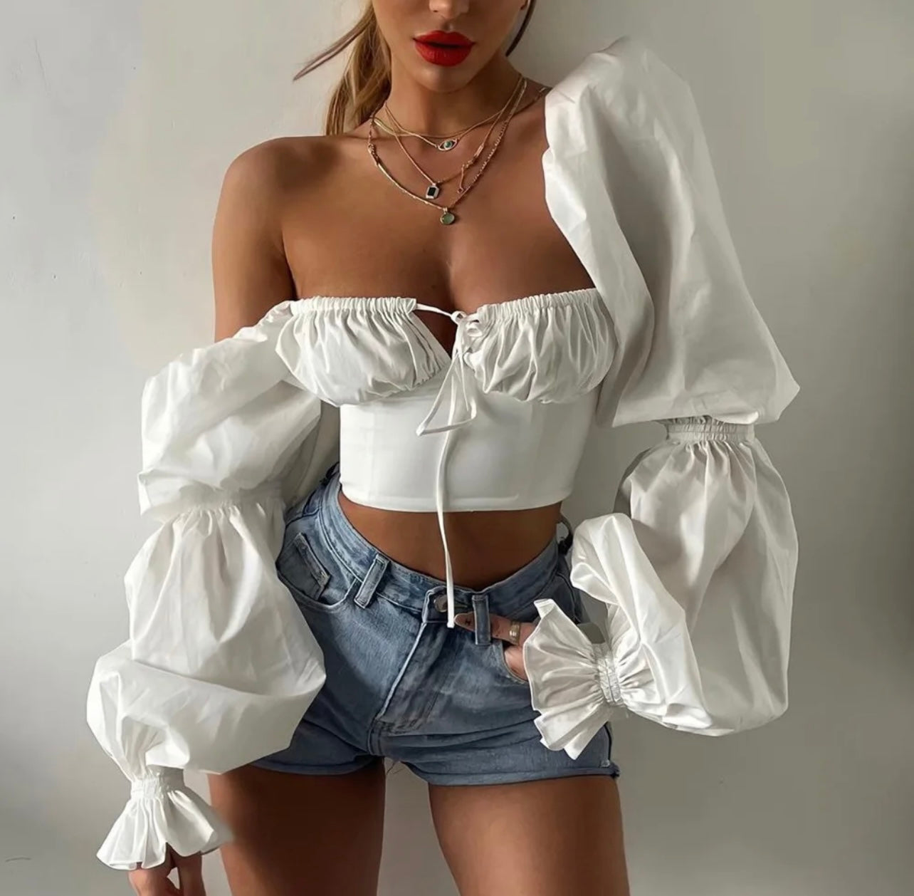 Horn Sleeve Pleated Crop Top - White